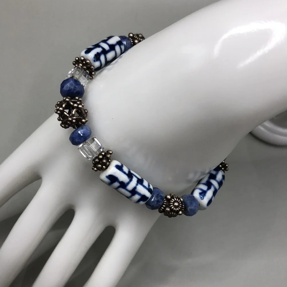 𝅺Vintage artisan handmade ceramic bead sterling silver bracelet boho free spirit